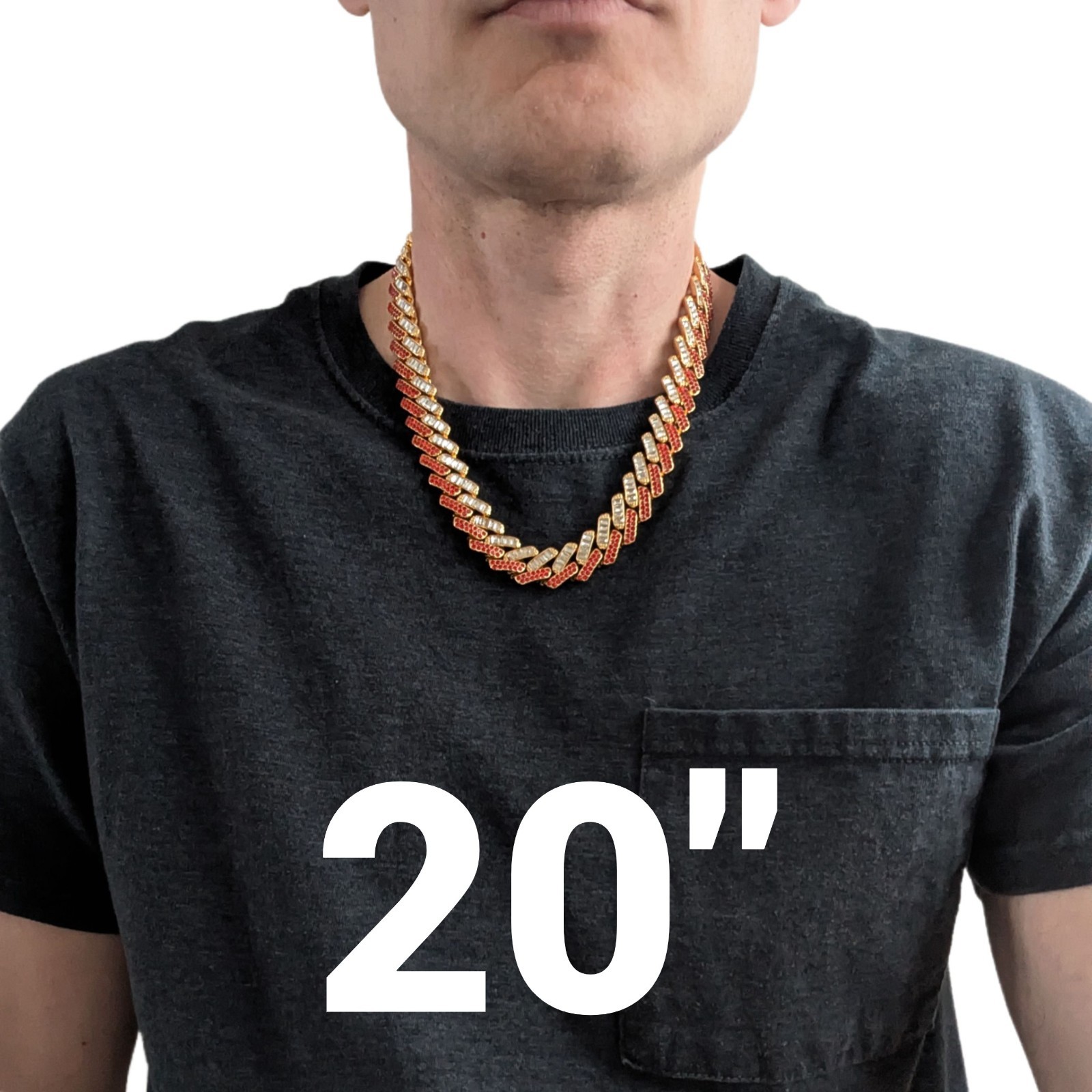 Gold, Red & White Iced-Out Tilted Cuban Link Chain Gem Necklace (Choose Length)