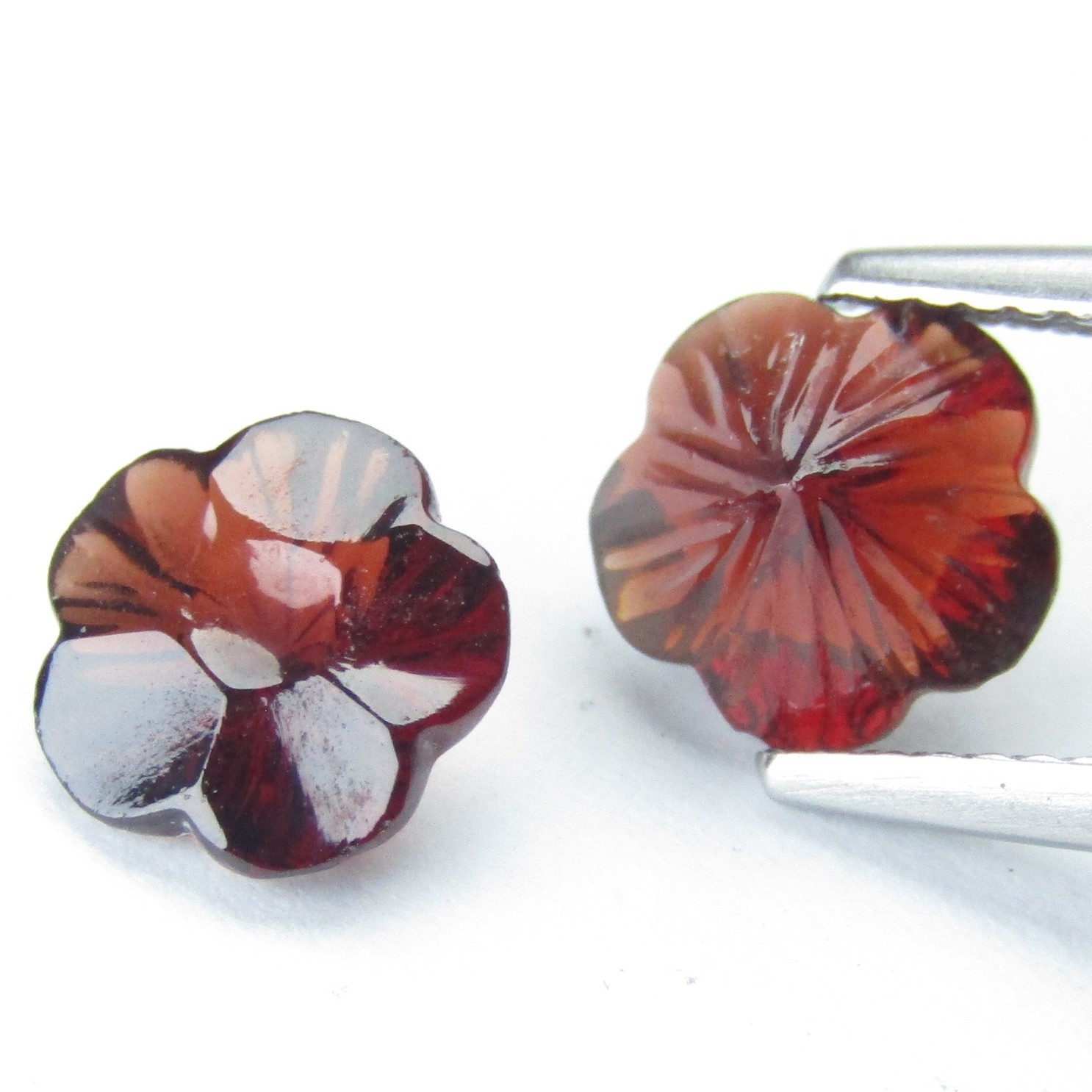 3.78Cts Nice Natural Almandine Garnet 7.8mm Flower Shape Carving Matching Pair