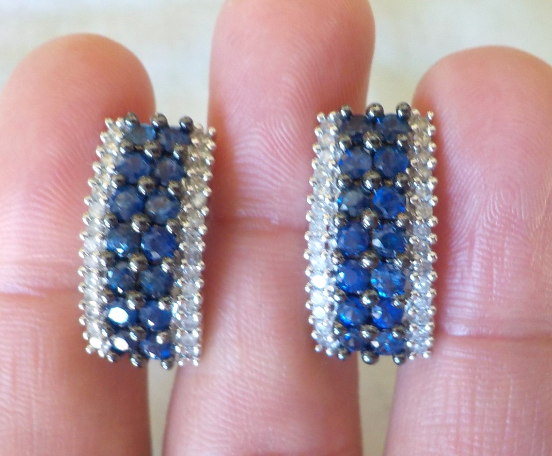 Heavy 14k White Gold Hoop Sapphire Diamond Earrings – 7.90 gms, 0.75 in, 2.52 ct