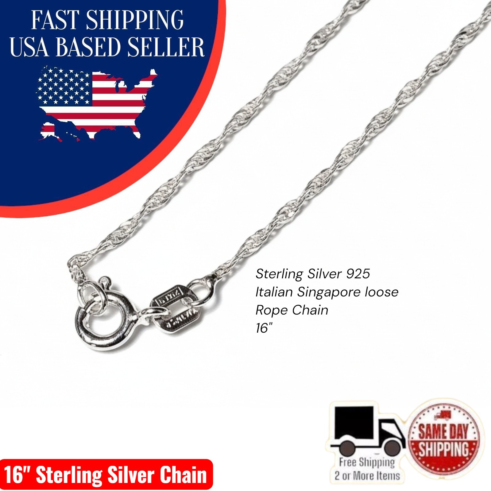 925 Sterling Silver 16″ 1.2mm Italian Singapore Loose Rope Chain Necklace Womens