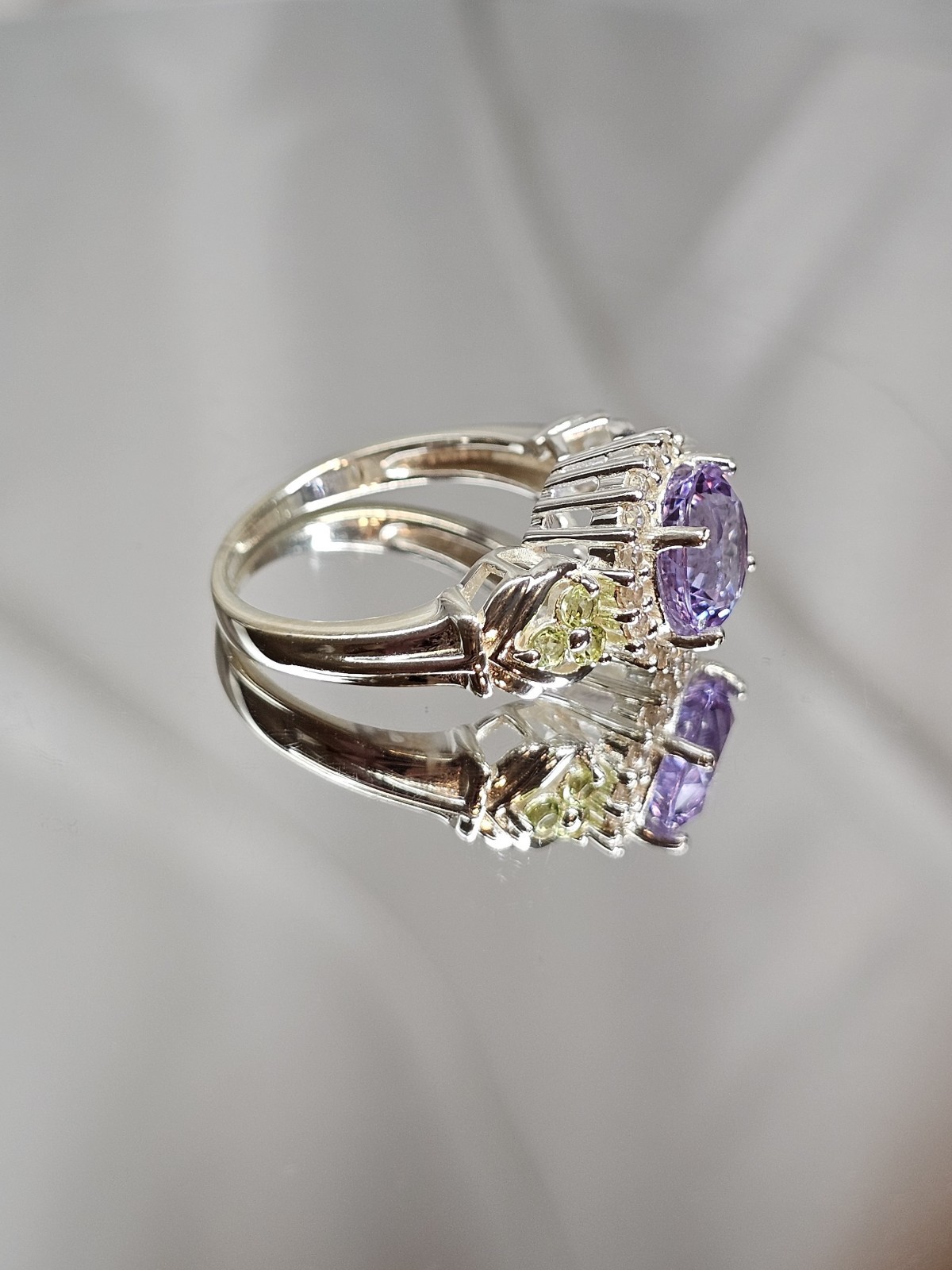 Pink CZ Halo Ring Light Green Gem Accent Sterling Silver Size 6