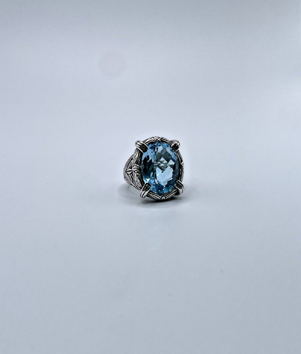 Stephen Dweck Faceted Blue Topaz Ring in Engraved Sterling Silver