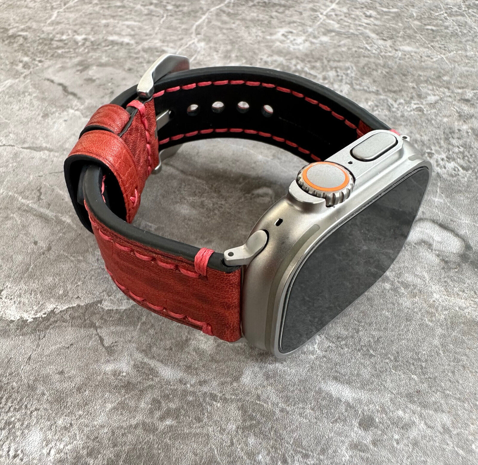 Premium Thick Red Lychee Leather Watch Strap Band For Apple Watch Ultra 1 2 49mm