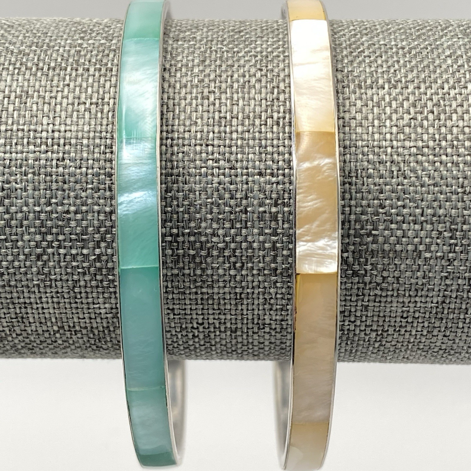 Vintage Stackable Bracelets Aqua Green White Beige White MOP Inlay Shell Bangle