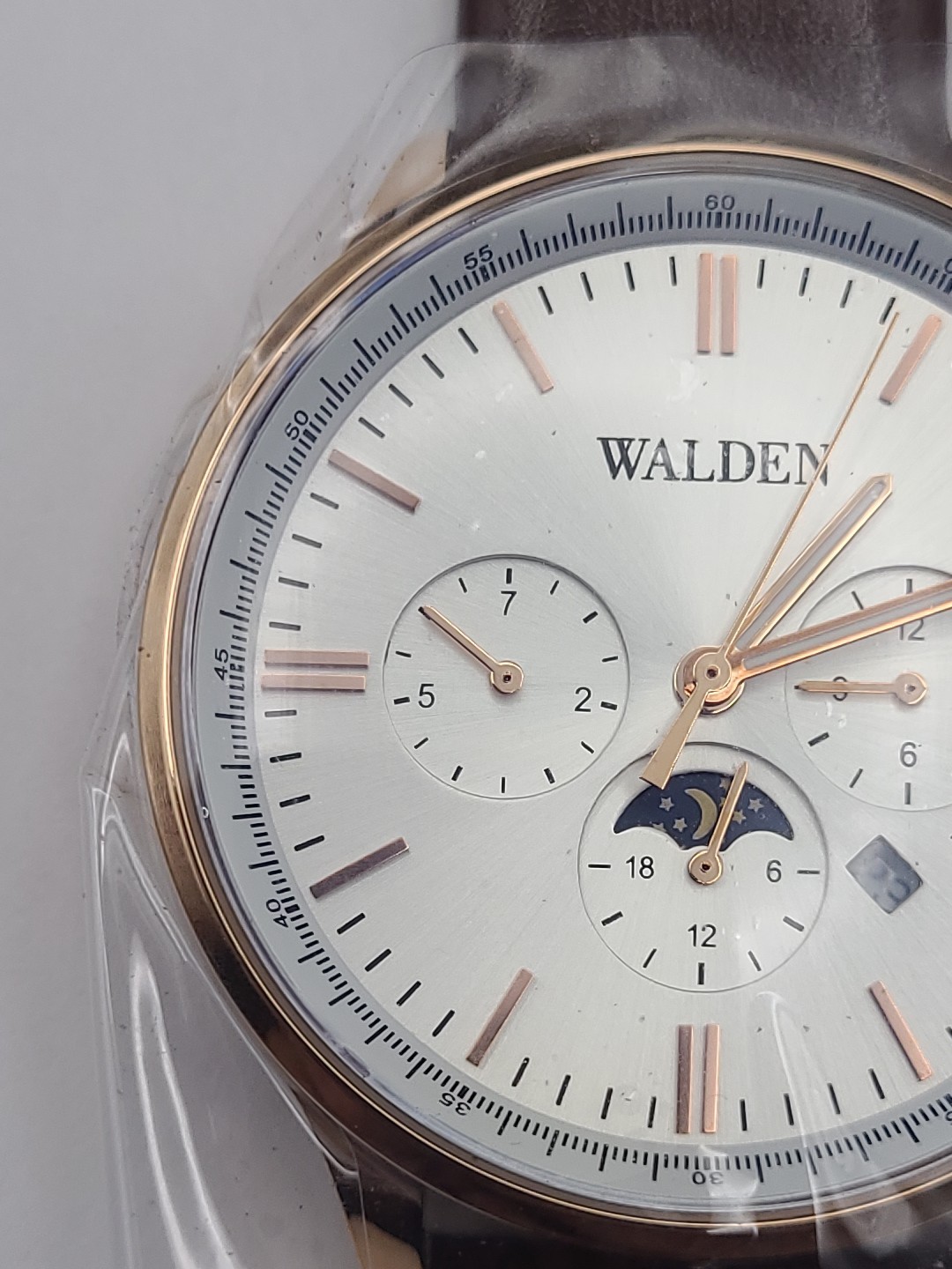 Walden 38mm Moon Phase Men Watch Quartz Rose Gold Tone Brown Band Date New