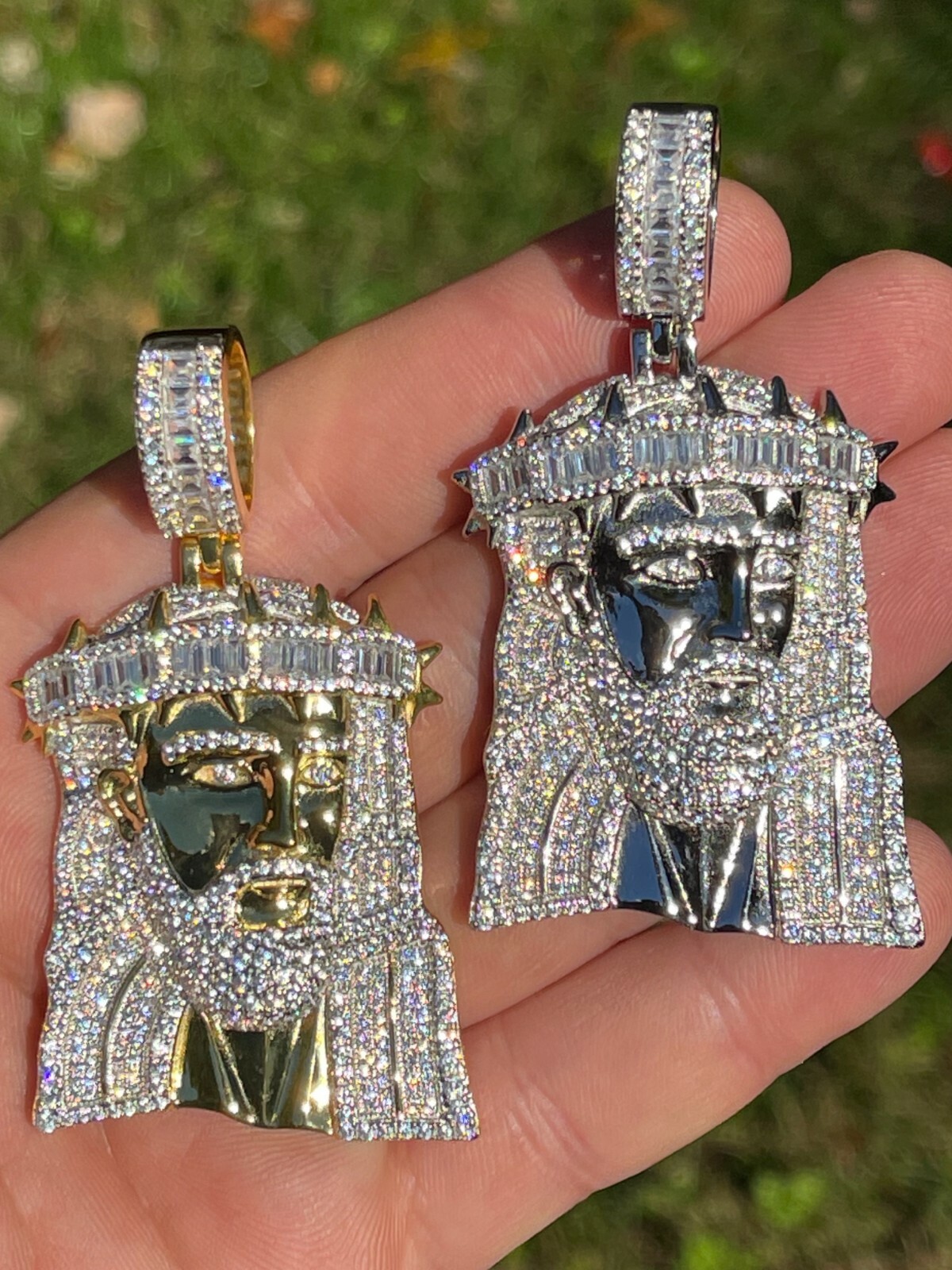 Men’s Large 925 Silver Gold Plated Jesus Piece Iced Hip Hop Necklace Baguette CZ