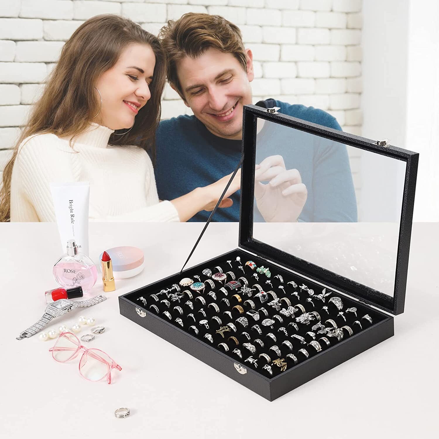 Black 100 Slots Ring Organizer Box,Ring Display Case Storage Box with clear lid