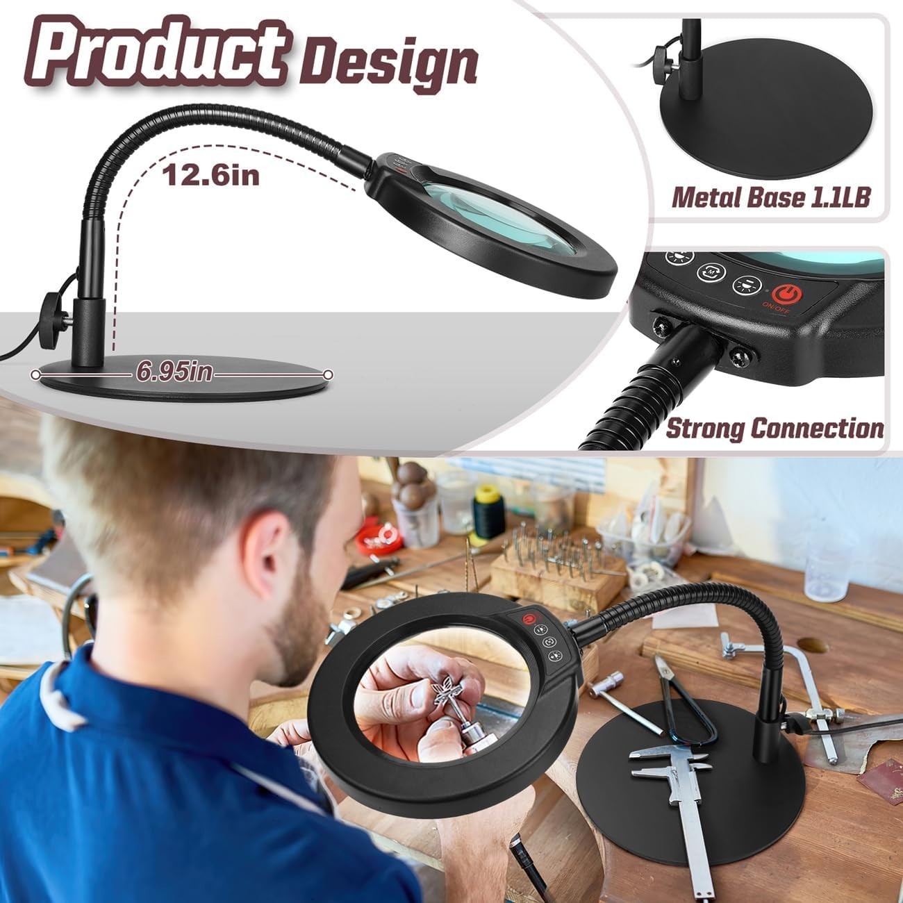 Precision 10X Magnifying Lamp with Goose-Neck & Stepless Dimming for Detail Work