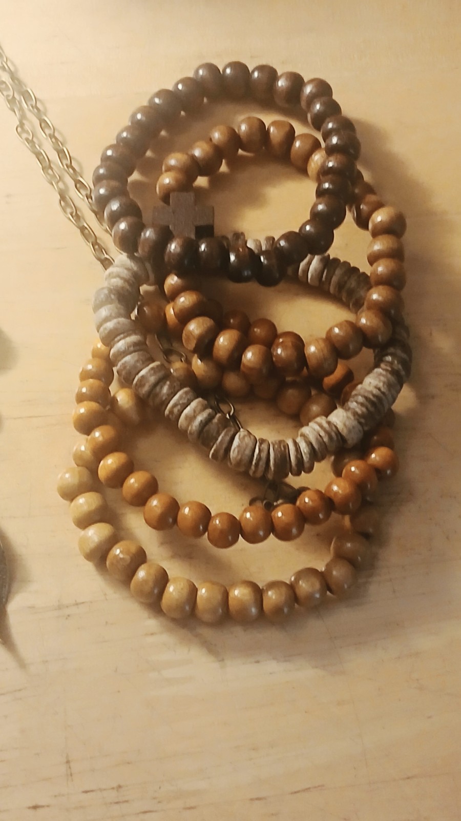 3 piece jewelry/brown beads bracelets/earrings/brass/wood feather charm necklace