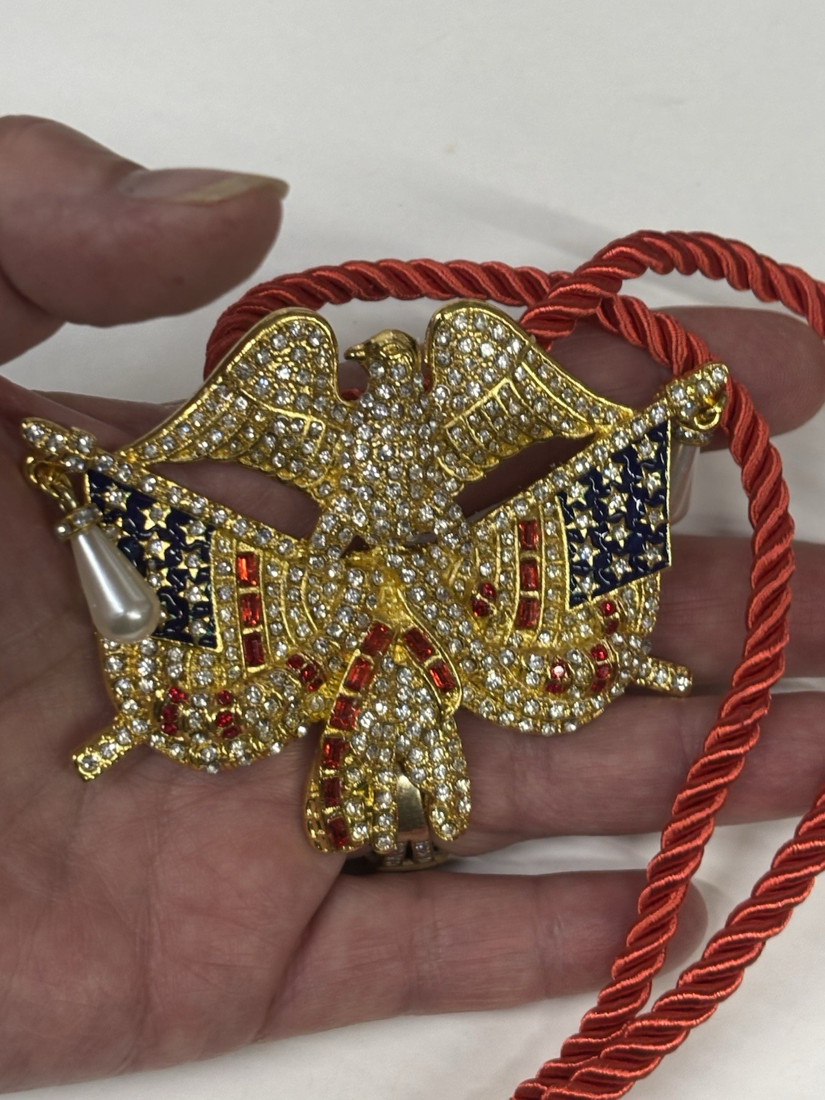 Flags Eagle Gold Tone Red White Blue Rhinestones Pearls USA 250th Necklace NEW