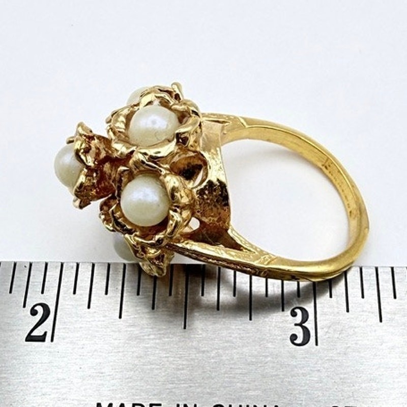 Vintage HGLW MCM 18K Gold Plated Faux Pearl Flower Cluster Cocktail Ring SZ 6.25