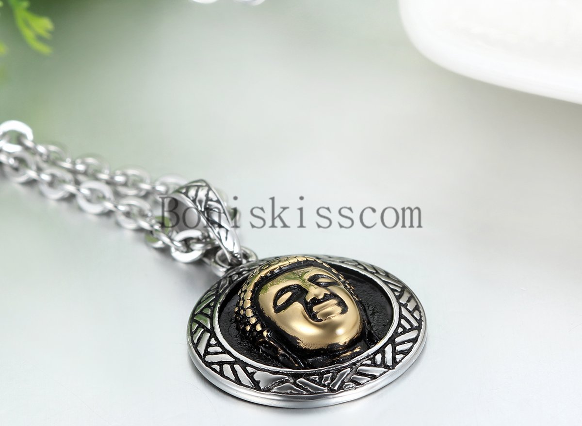 Stainless Steel Retro Silver Bronze Bodhi Buddha Lucky Round Pendant Necklace