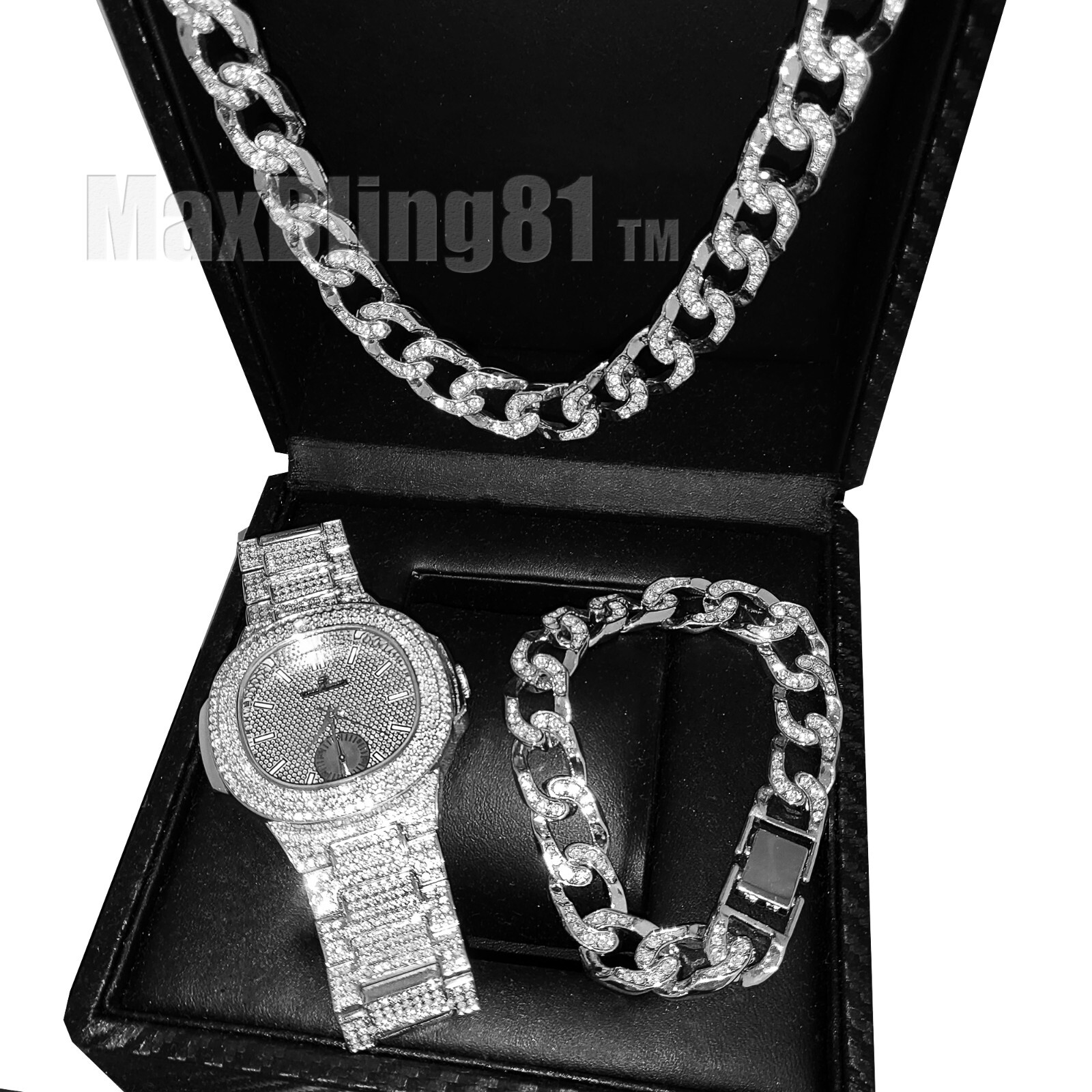 Silver Plated Luxury Iced Simulated Diamond Watch & Cuban Bracelet & Necklace