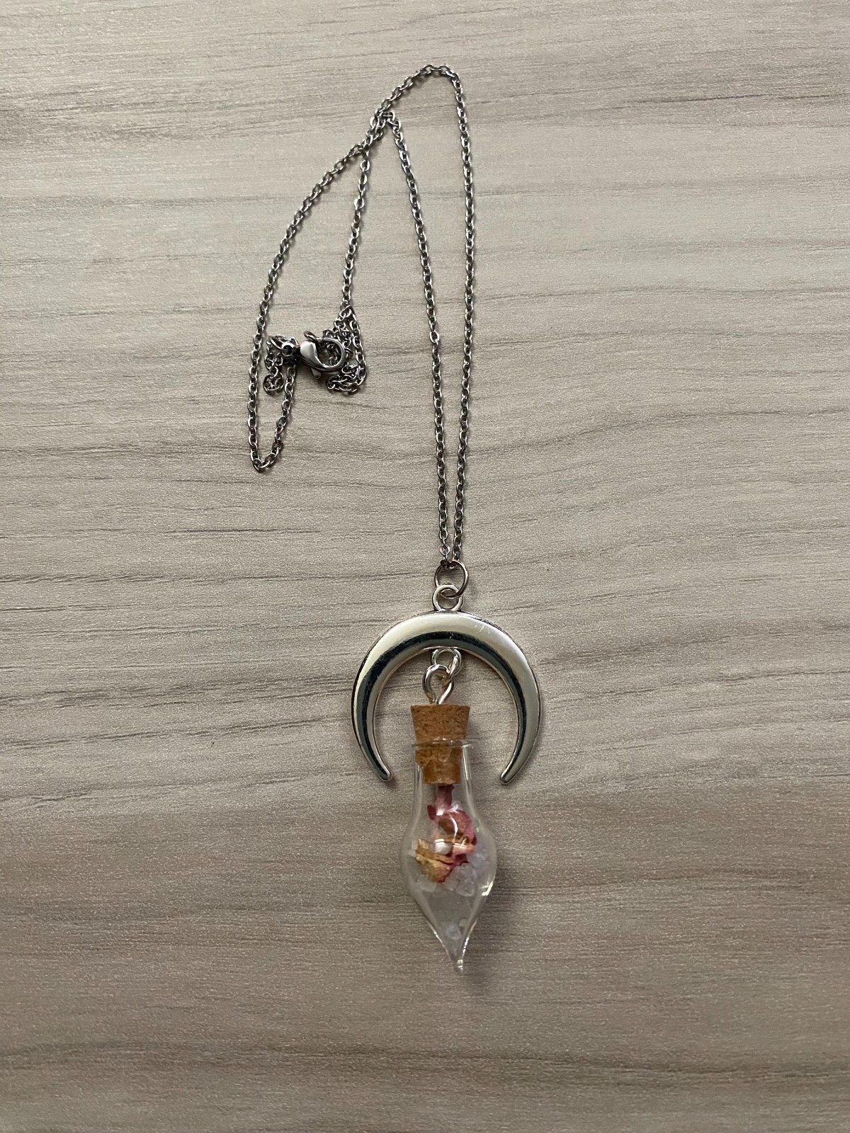 Crescent Moon Necklace Vial of Salt and Rose Petals Love Protection