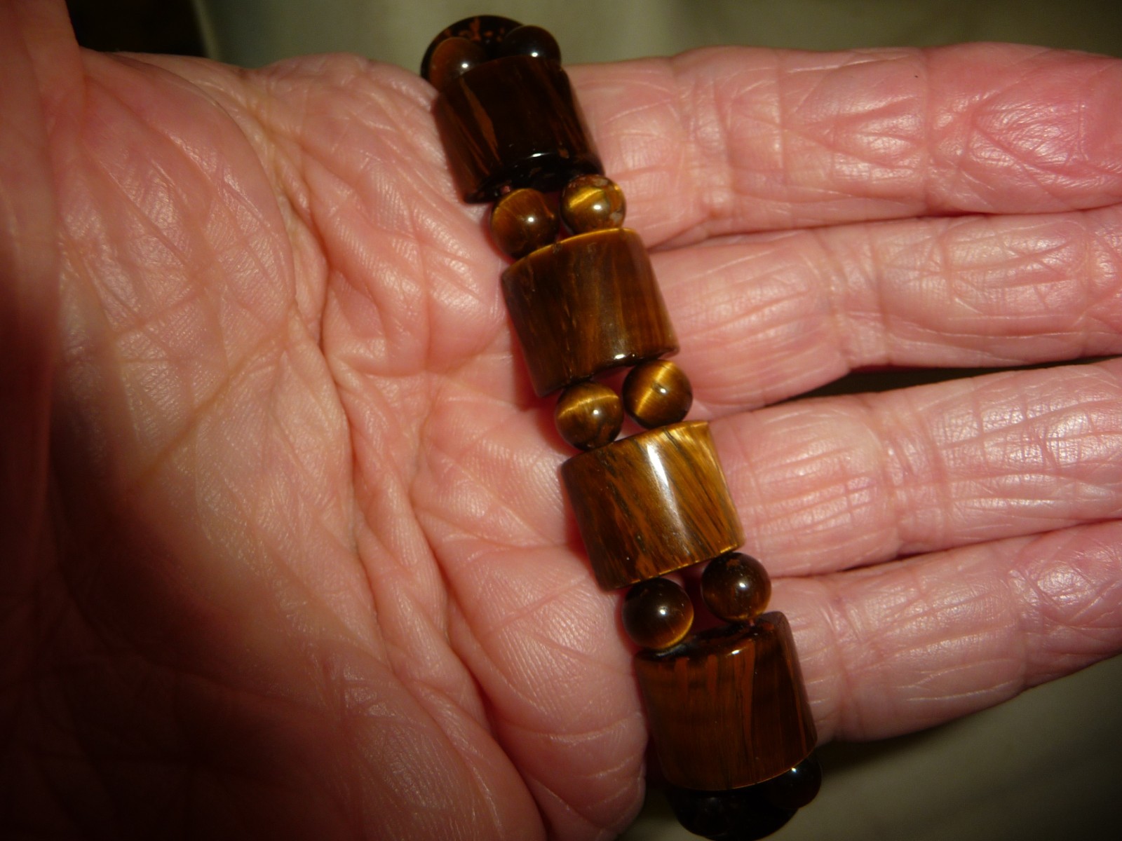 TIGER EYE BROWN SQUARE & ROUND BEADS 1/2” W BEADS STRETCH BRACELET #29/6