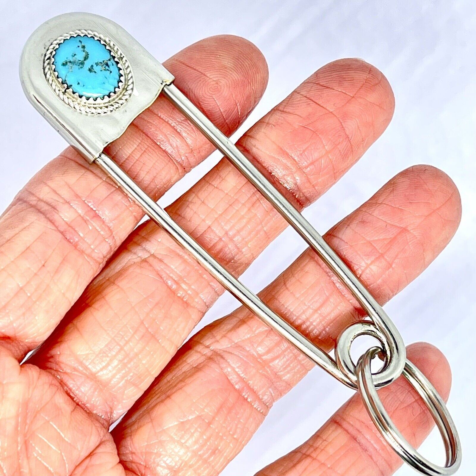 Giant Safety Pin Keyring Turquoise Nugget Key Chain Tag 4in Navajo Mens Gift