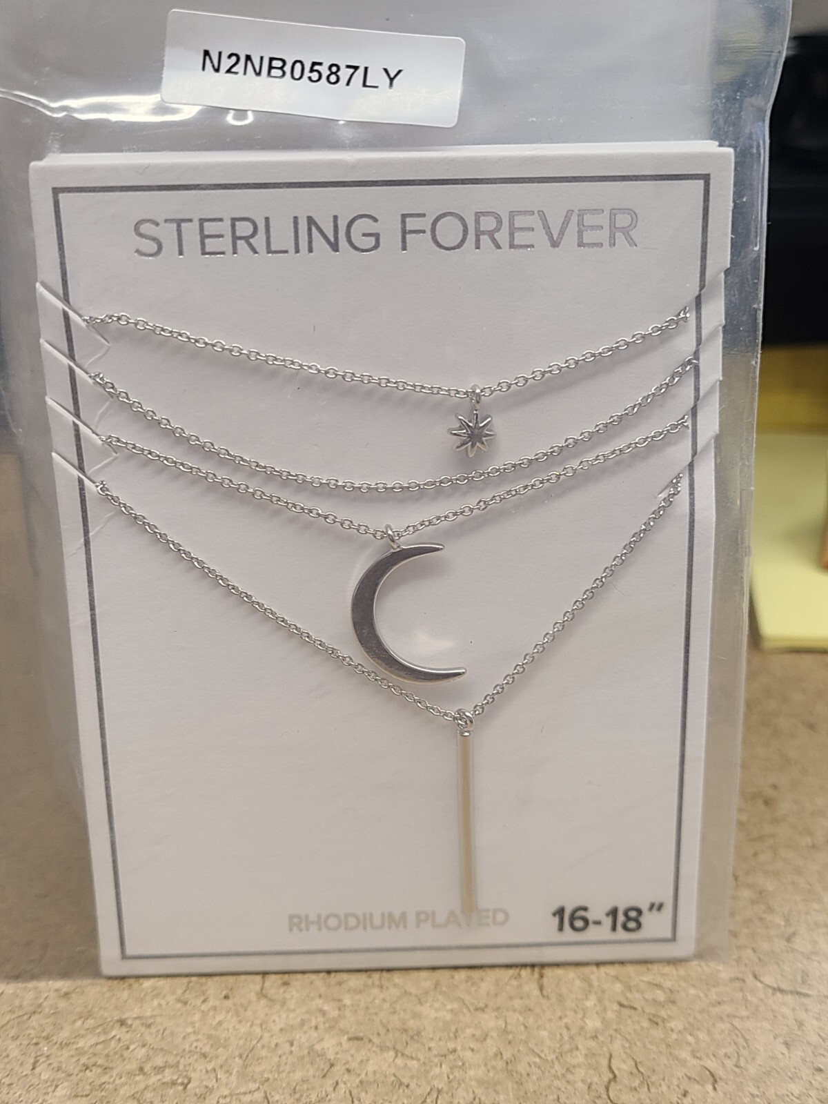 Sterling Forever Crescent & Bar Multi Layer Necklace Rhodium Plated Brass New