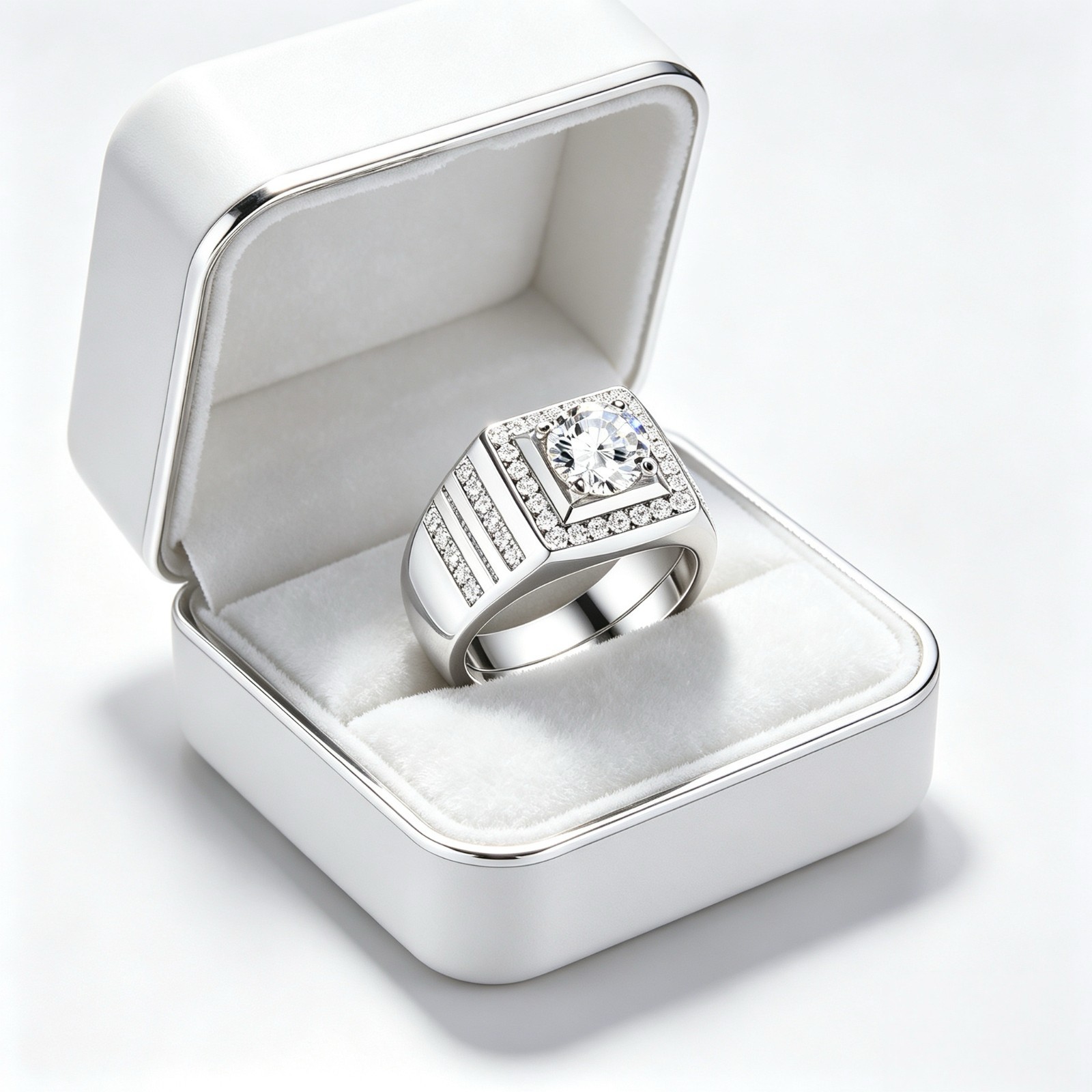 Men’s Adjustable Open Band Ring, Cubic Zirconia Signet Ring, Brass Wedding Engag