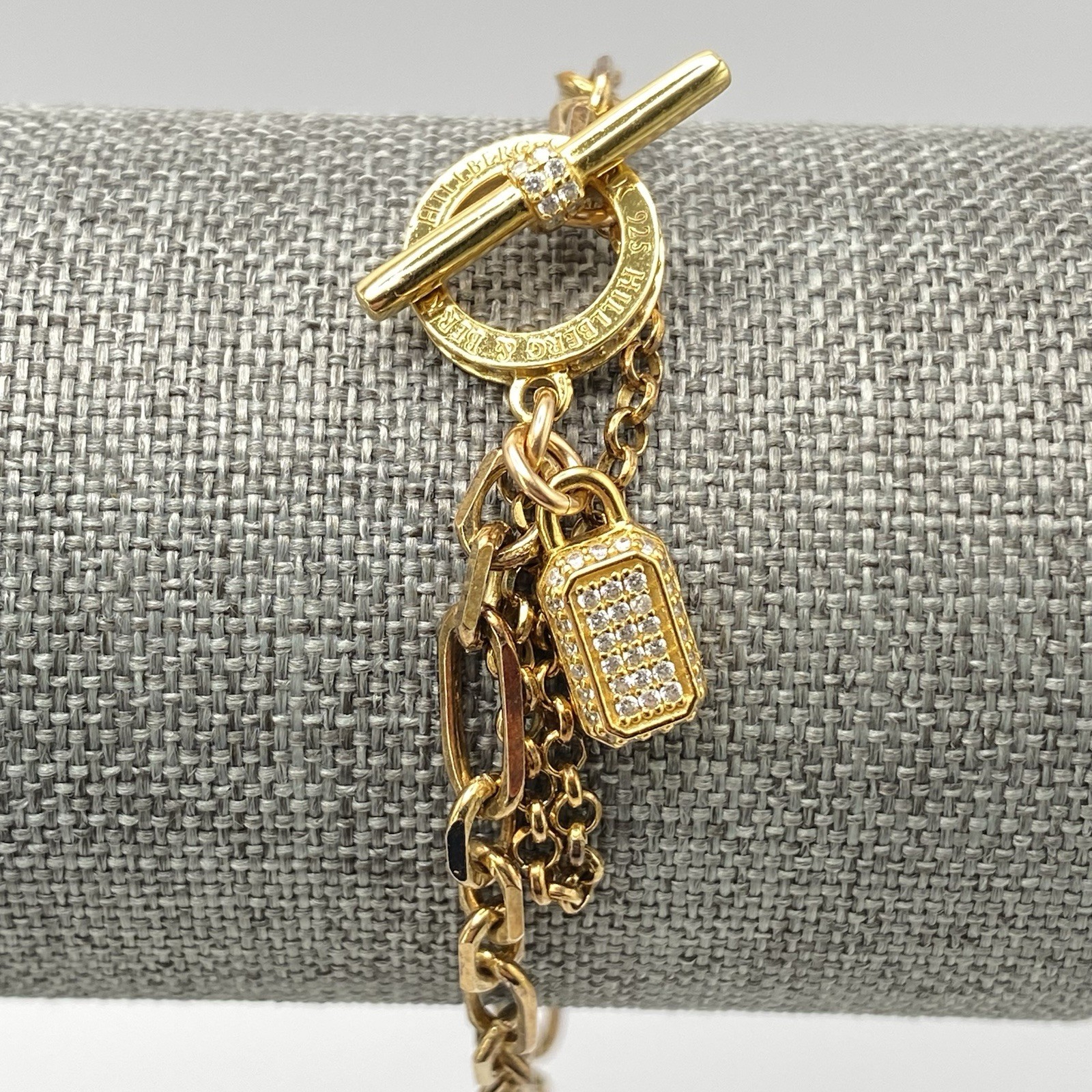 Hillberg & Berk Gemstone Bracelet 925 Gold Paper Clip Lock Charm Cubic Zirconia