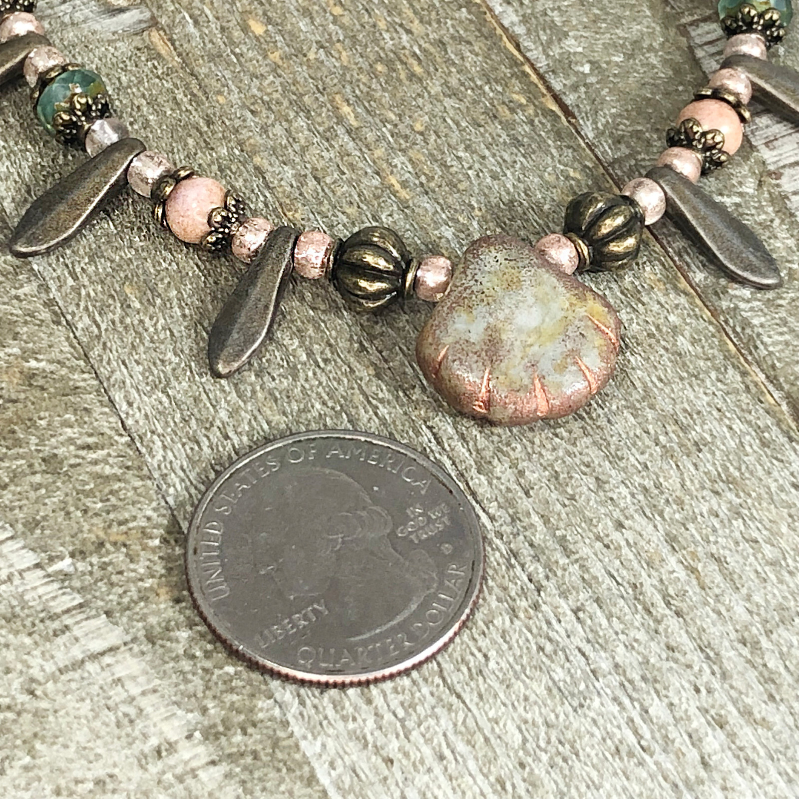 Rustic Czech Glass Picasso Sea Shell Choker with Bronze Daggers