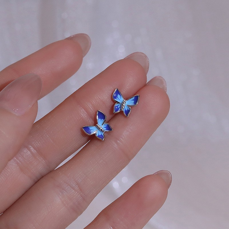 Women 925 Sterling Silver Blue Enamel Butterfly Stud Post Earrings Gift F29