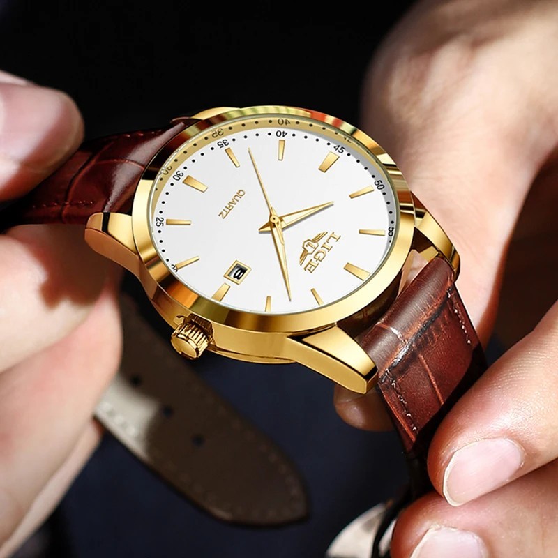 Mens LIGE Classic Luxury Wristwatch Sports Waterproof Quartz Leather Strap Watch
