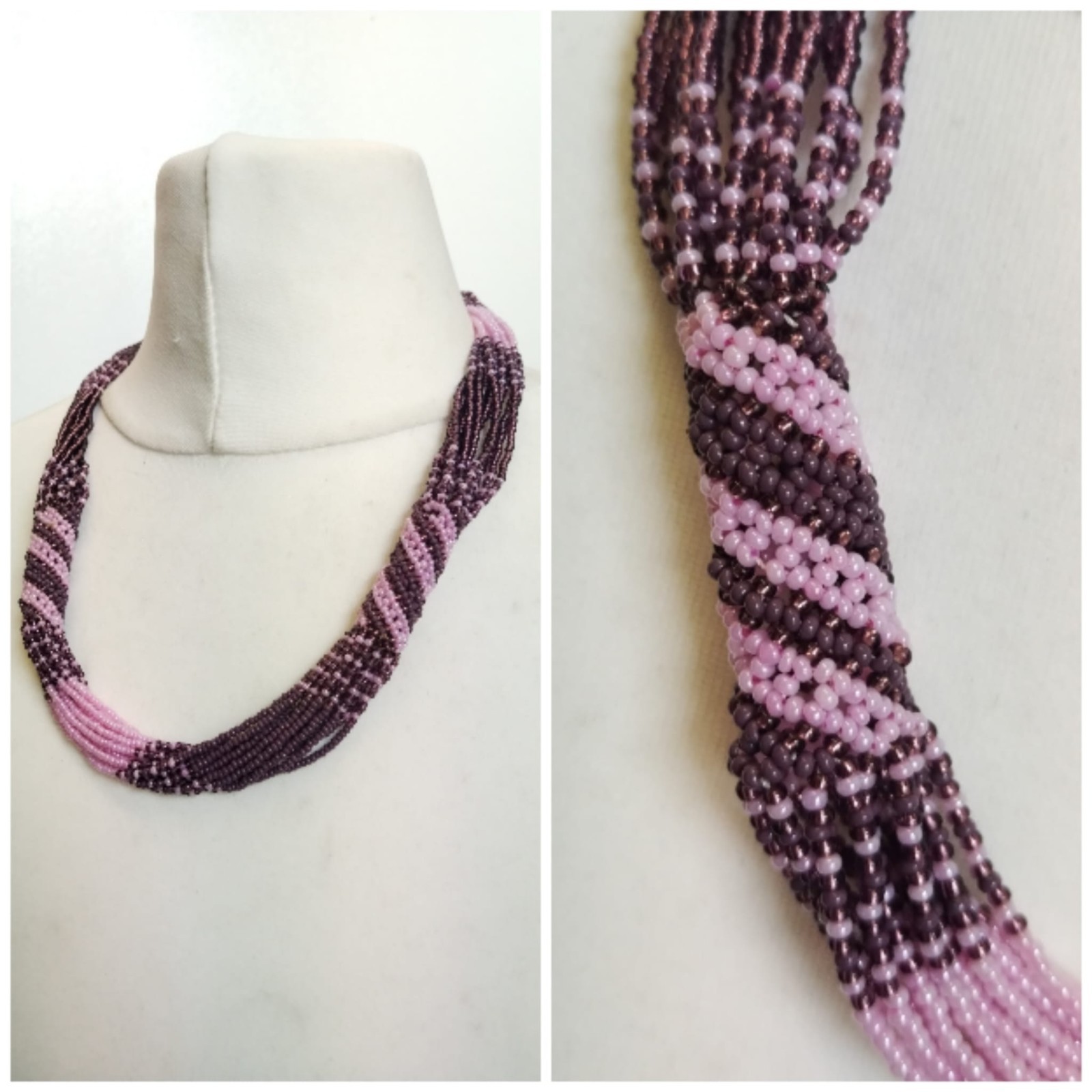 Purple Shades Glass Seedbead Multi Strand Mixed Pattern Necklace.