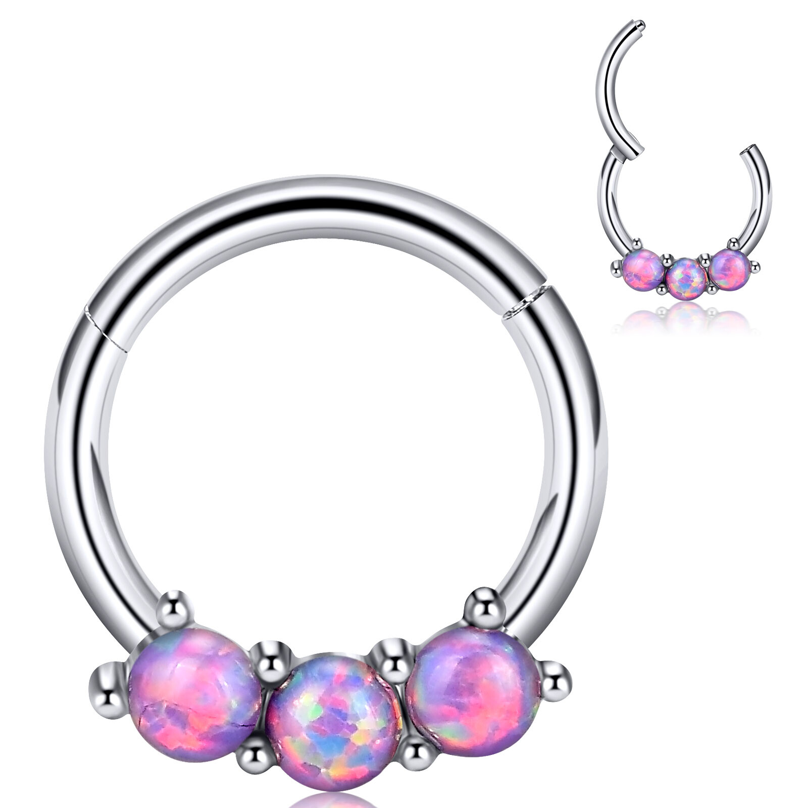 2pcs Silver+Rosegold Opal Nose Hinged Hoop Piercing Segment Ring Earring Studs