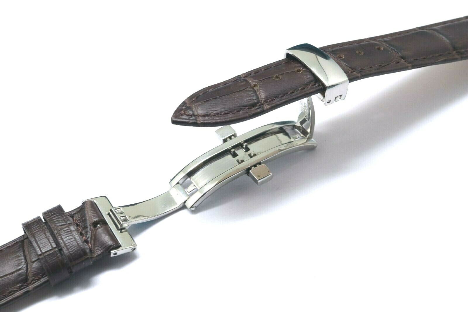 19mm Brown Croco Embossed Leather Watch Strap Silver Tone Push Button Clasp