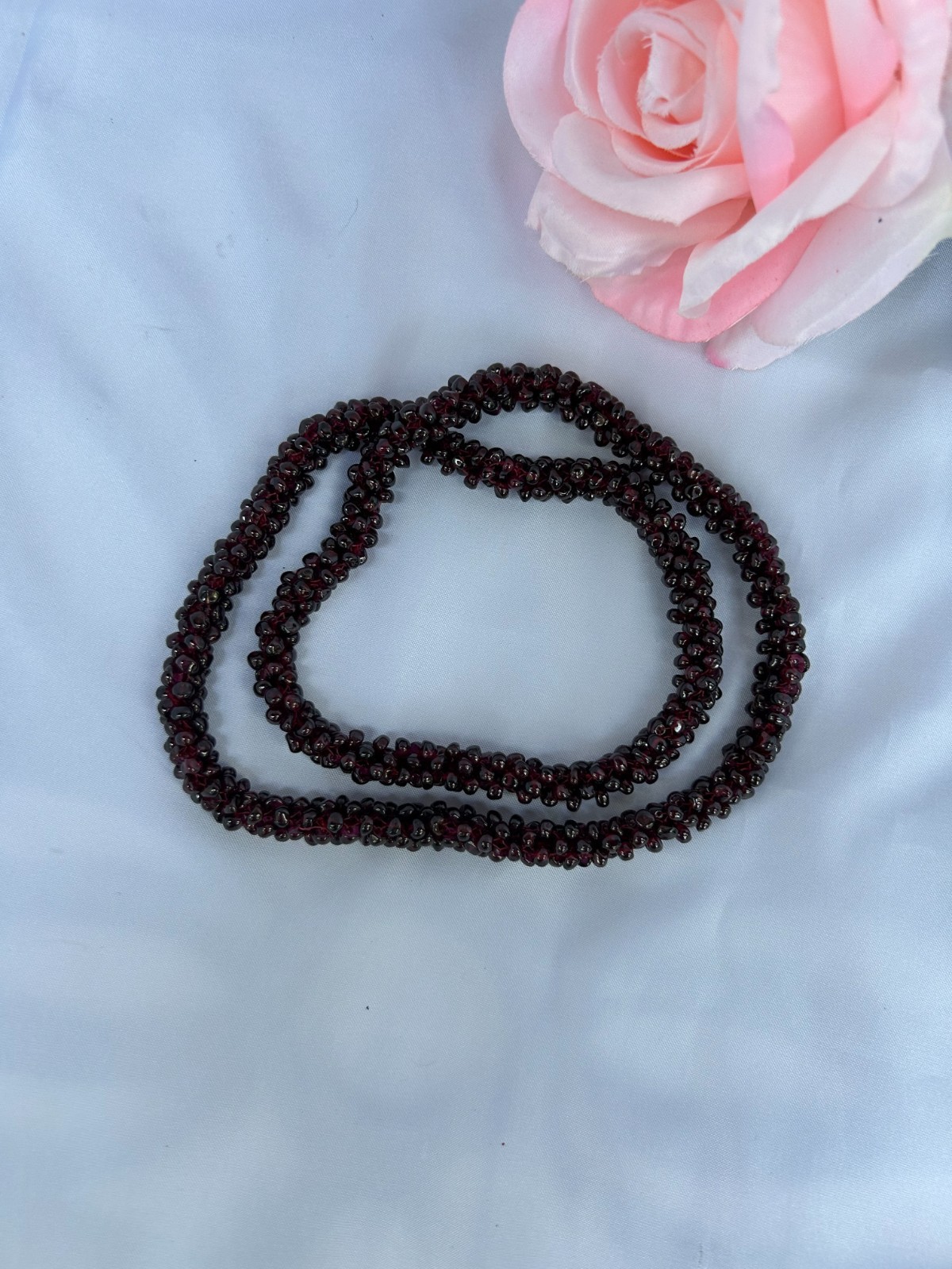 VTG NATURAL RED GARNET BEADED WOVEN ROPE NECKLACE26″ BOHO GEMSTONE STATEMENT