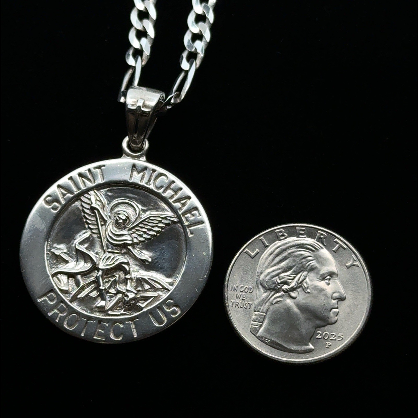 Peter Stone Saint Michael Sterling Silver Pendant On 20” Figaro Necklace, 21.5g