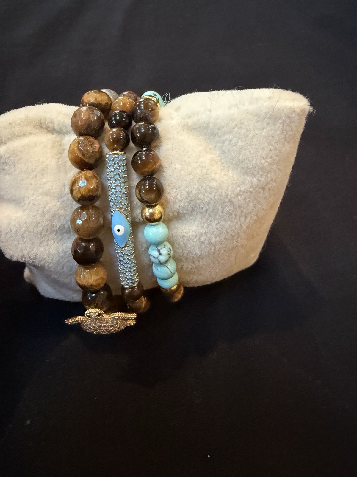 Tiger’s Eye Beaded Bracelet Set w/ Turtle Dangle Charm, Turquoise Beads