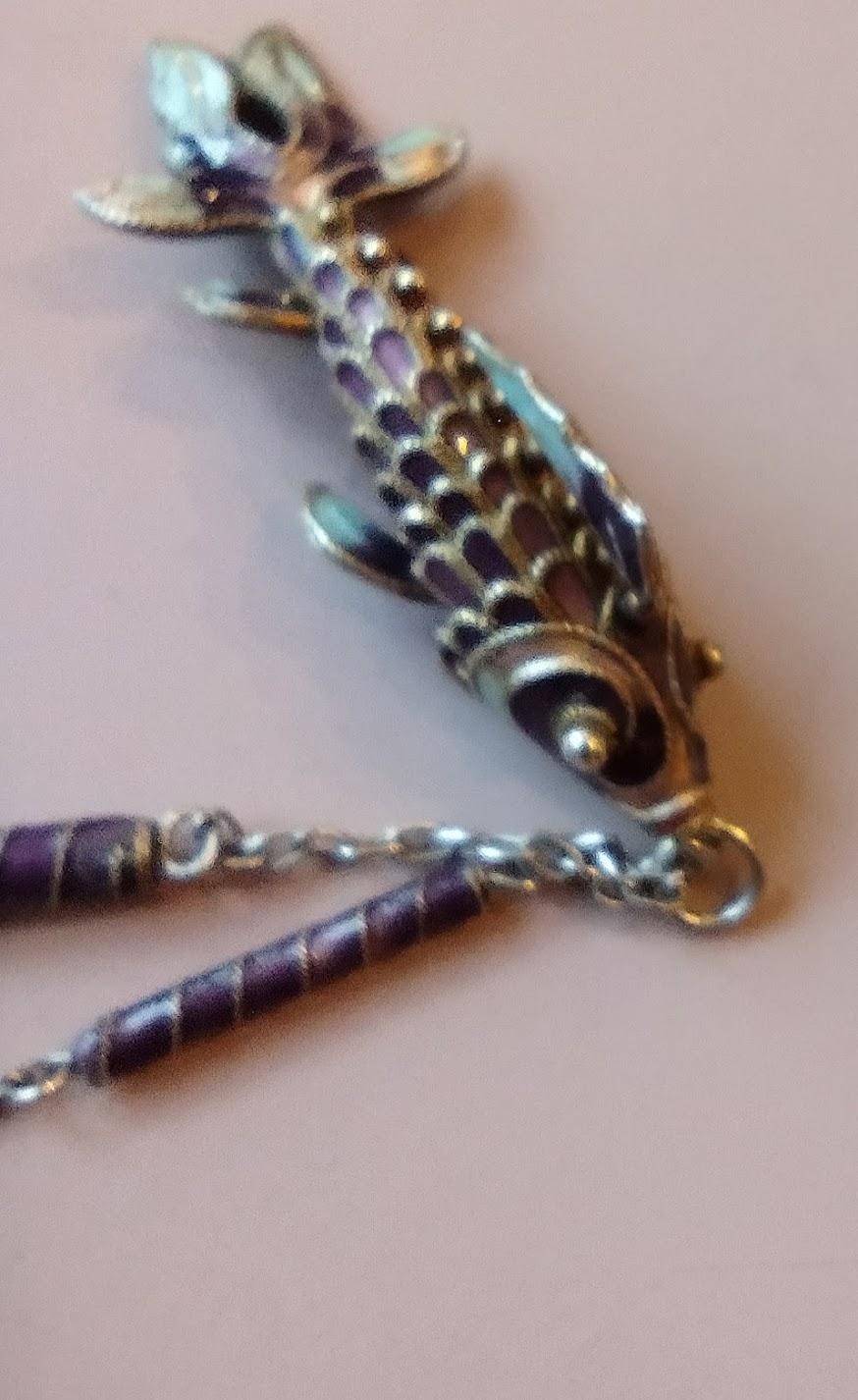 Vtg Chinese Koi Fish Necklace Silver Cloisonne Enamel Articulated Ships Free