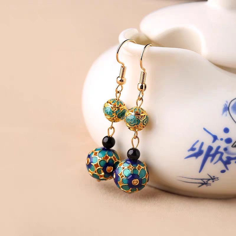 Chinese Cloisonne Enamel Earrings Vintage Ethnic Dangle Earrings For Women