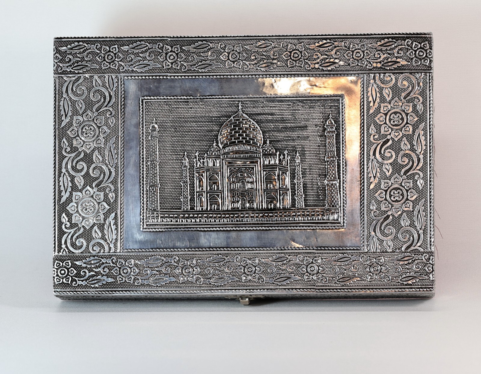 Vintage Silver Tone Taj Mahal Ring Jewelry Box Red Velvet Lined Mirror Large
