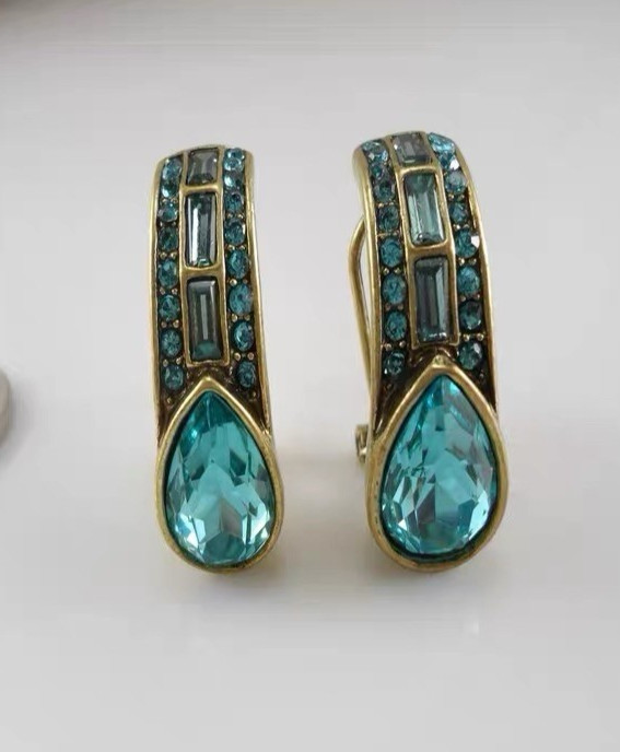 HEIDI DAUS Brass Ox Plated Blue Crystal Deco Huggie Earrings Signed NEW