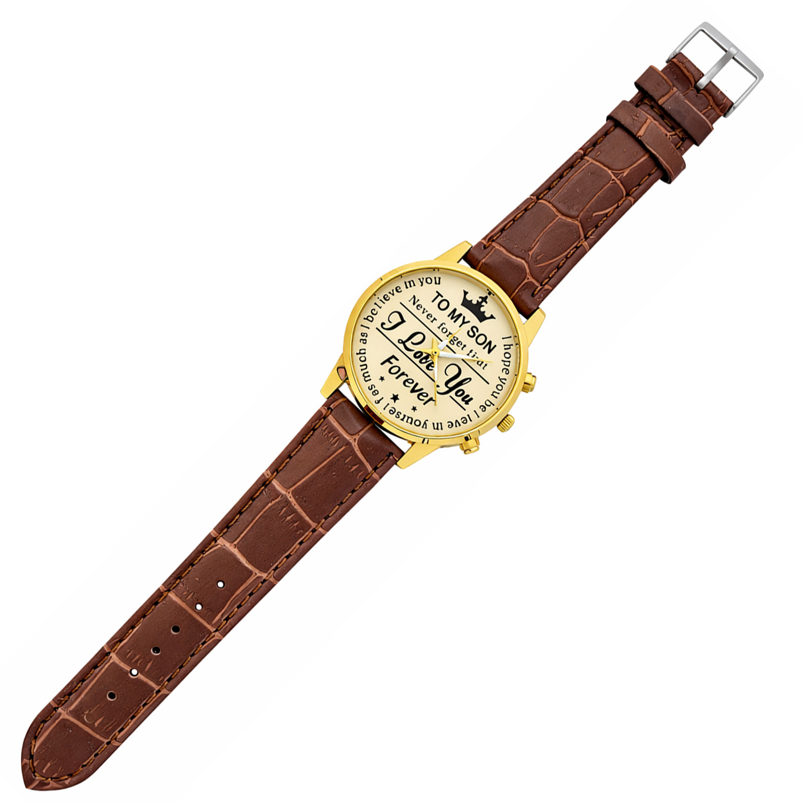 Men’s Gold Tone Watch “To My Son” Gift Dial Brown Croc Pattern PU Leather Strap