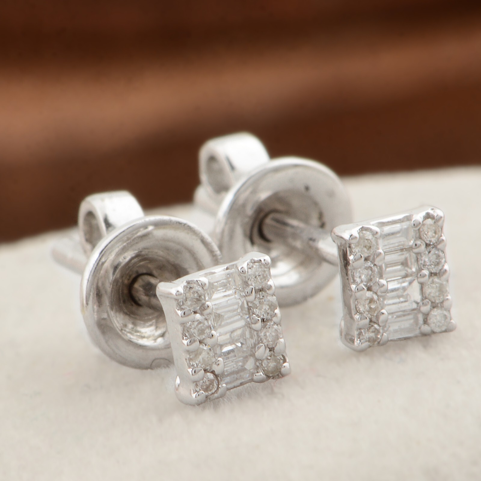 Diamond Earrings Studs 10k White Gold 0.16ct Round & Baguette Cut Studs Earrings