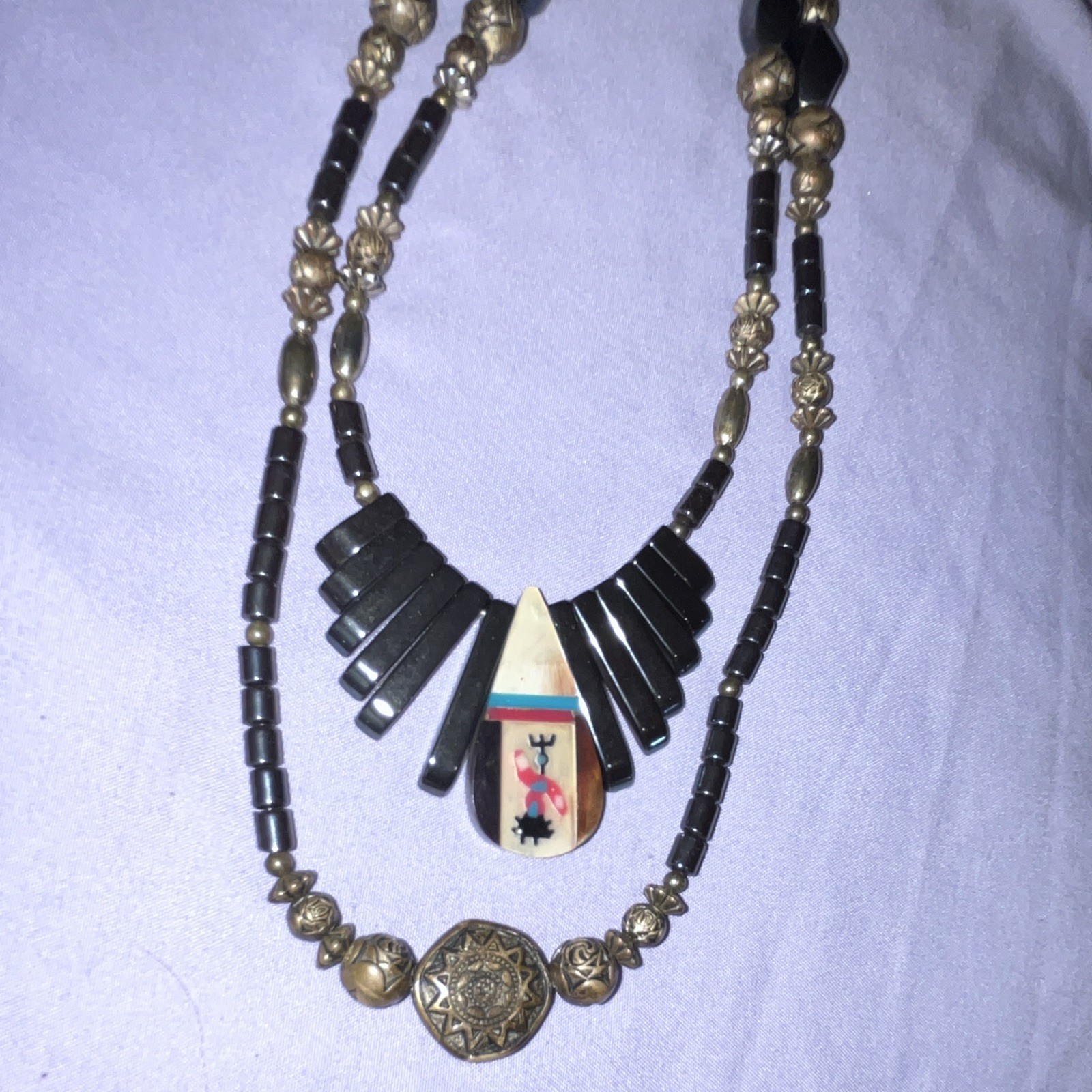 Vintage tribal Double-Strand Necklace Teardrop Charm Pendant Gold Tone Bead
