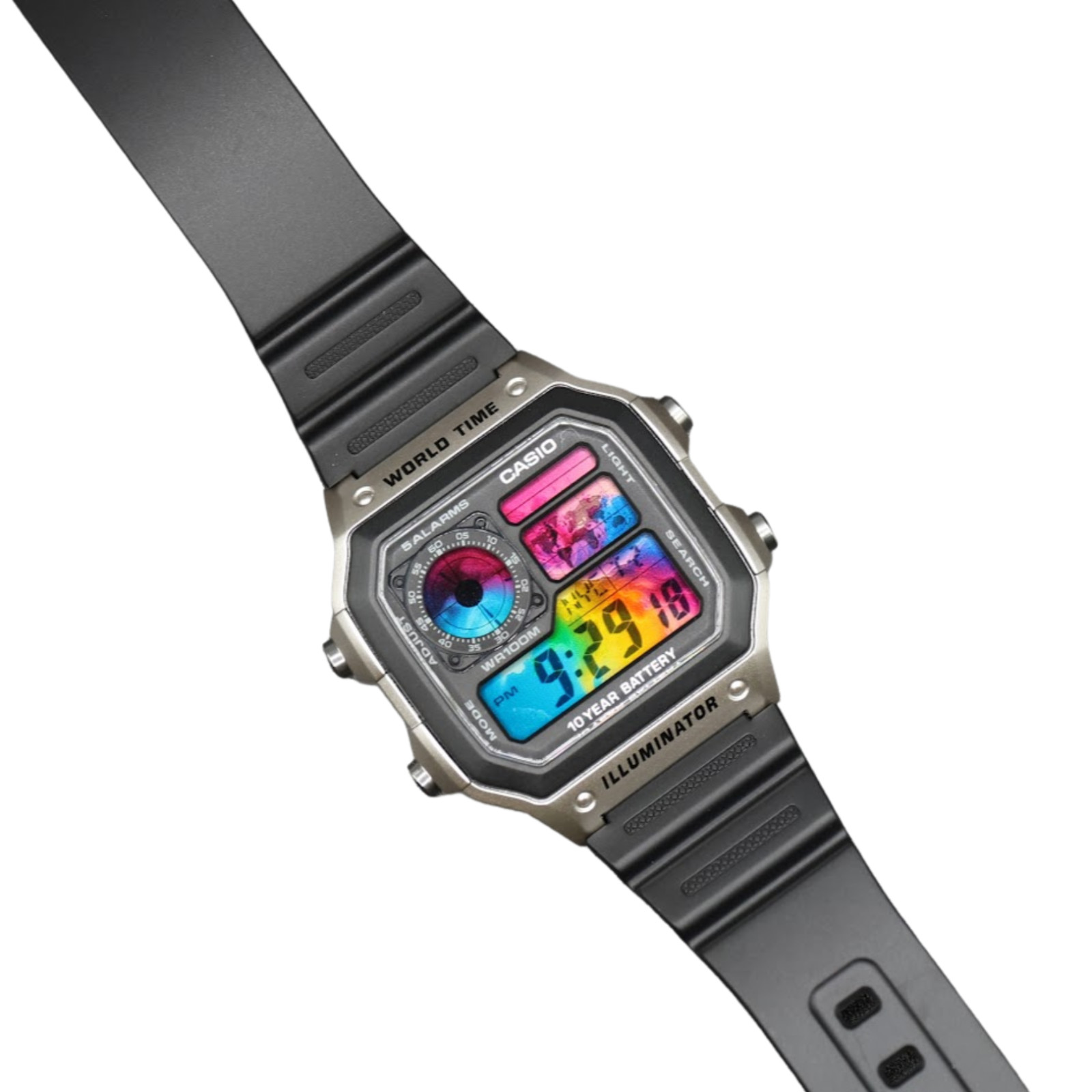 CASIO AE-1200WHD Royale World Time Watch Mod Rainbow Splash Display