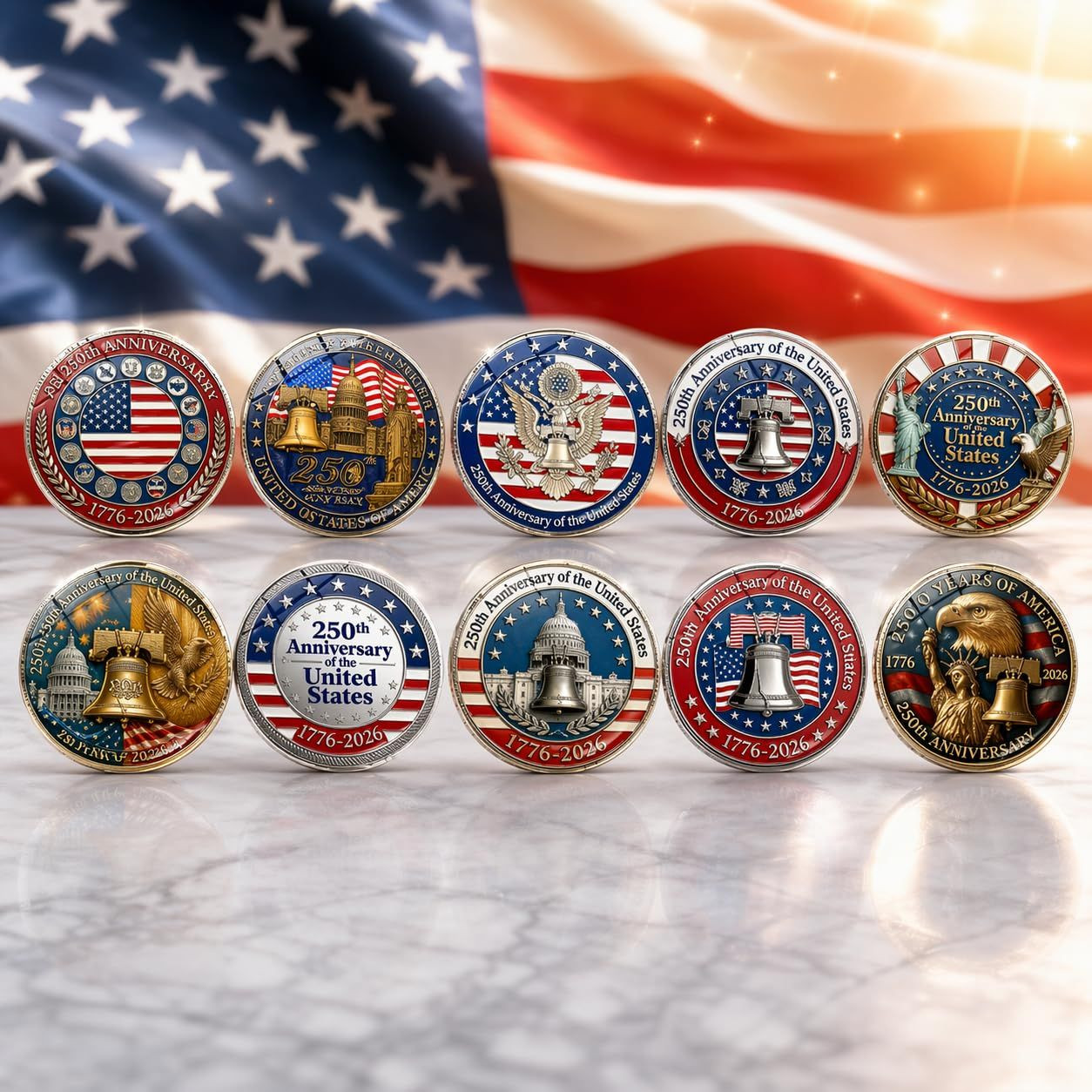 250 Years of Freedom American Enamel Lapel Pins Bulk, 10 Large, Multicolor