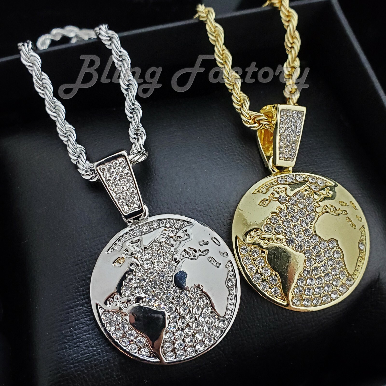 Hip Hop Iced World Globe Pendant & 4mm 24″ Rope Chain Fashion Bling Necklace
