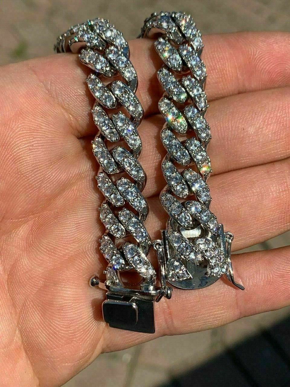 925 Silver Mens Miami Cuban Bracelet Real Iced Moissanite Passes Tester HEAVY