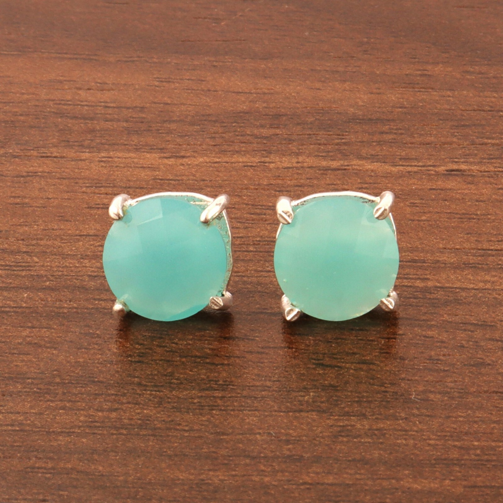Prong Setting Aqua Chalcedony Silver Plated Round Shape Stud Earrings For Girls