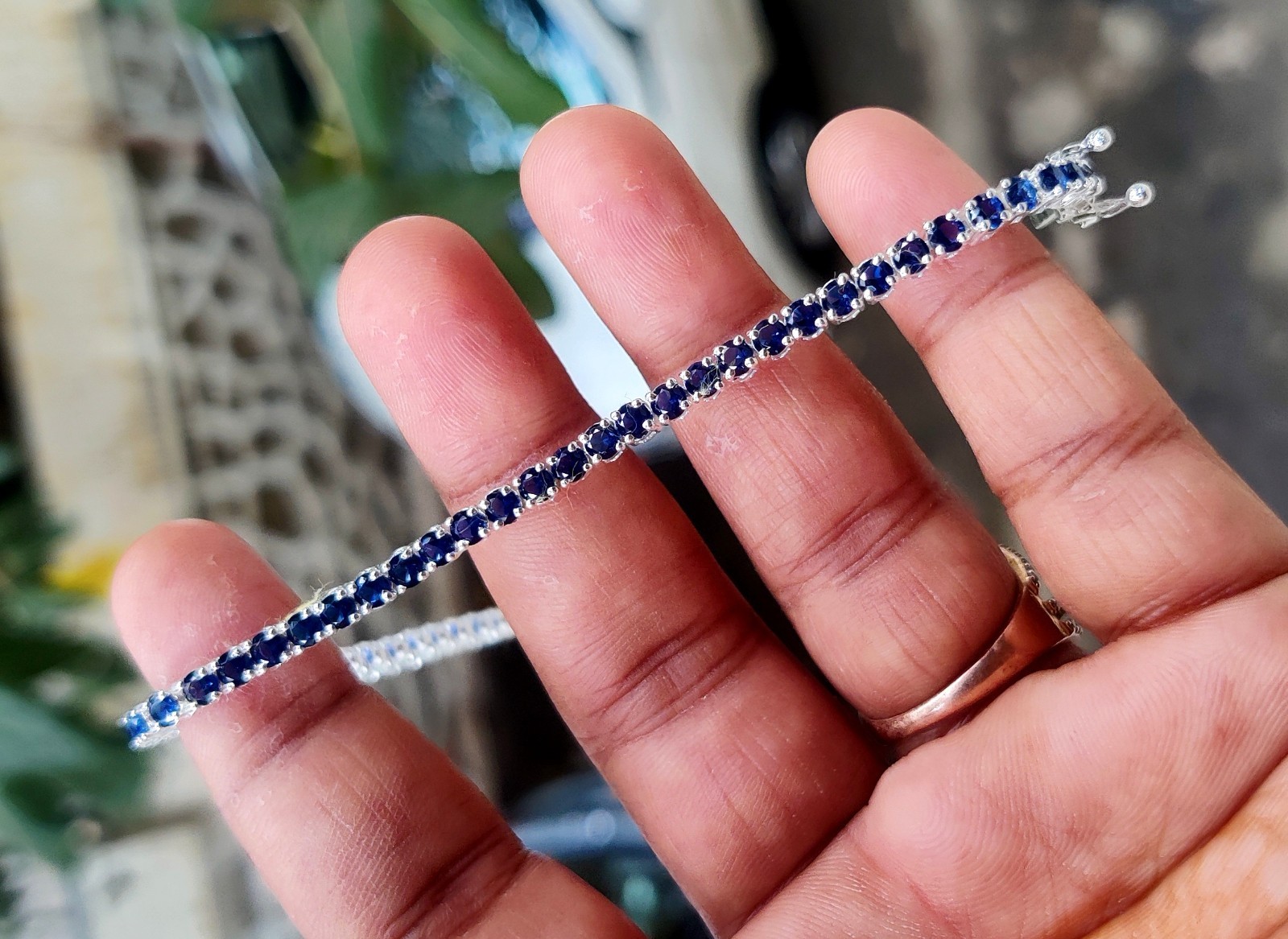 6Ct Lab Created Blue Sapphire Tennis Bracelet 7.5″ 14K White Gold Plated Silver