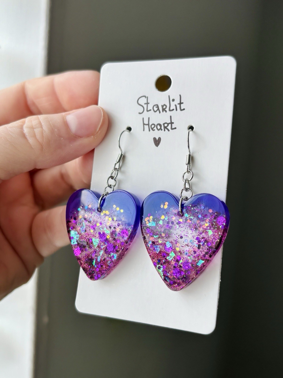 Starlit Heart Resin Heart Earrings Handmade Purple Pink Glitter Galaxy