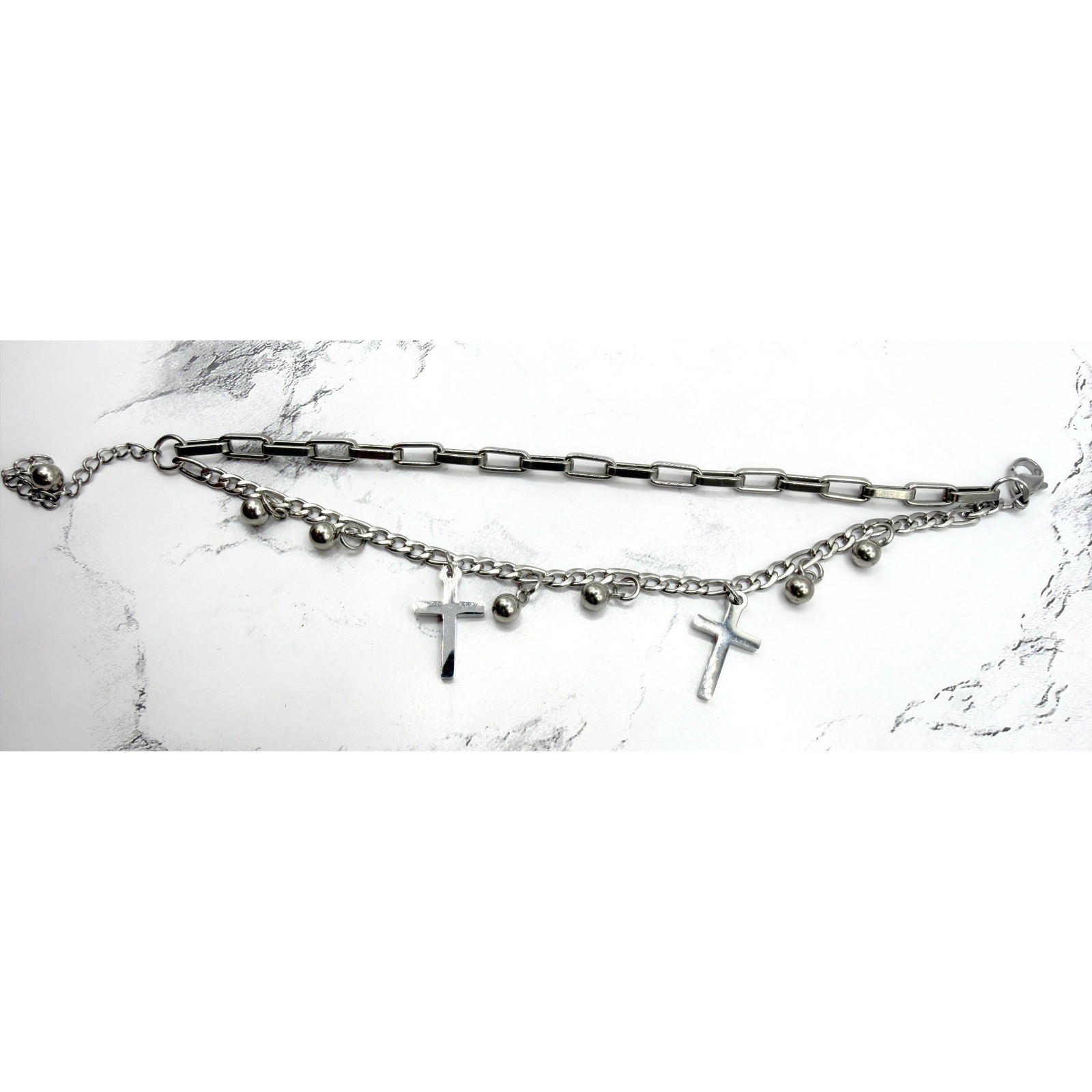 New Stainless Steel Cross Charm Layered Bracelet Silver Multi Strand 6.5–8.5″