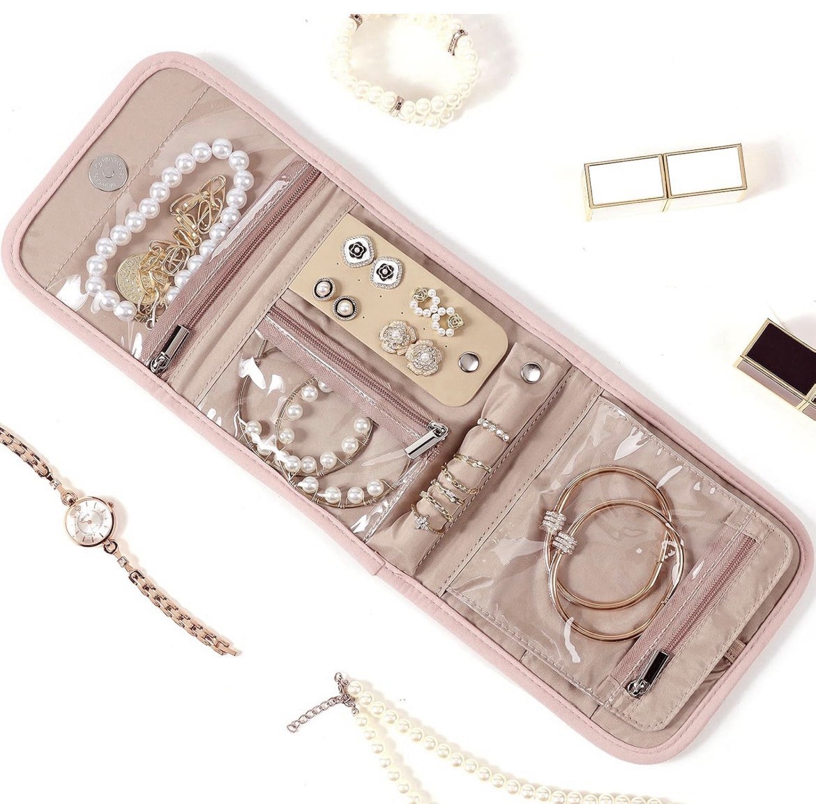 Travel Jewelry Case Organizer, Small Foldable Storage Roll for Earrings, Neck…