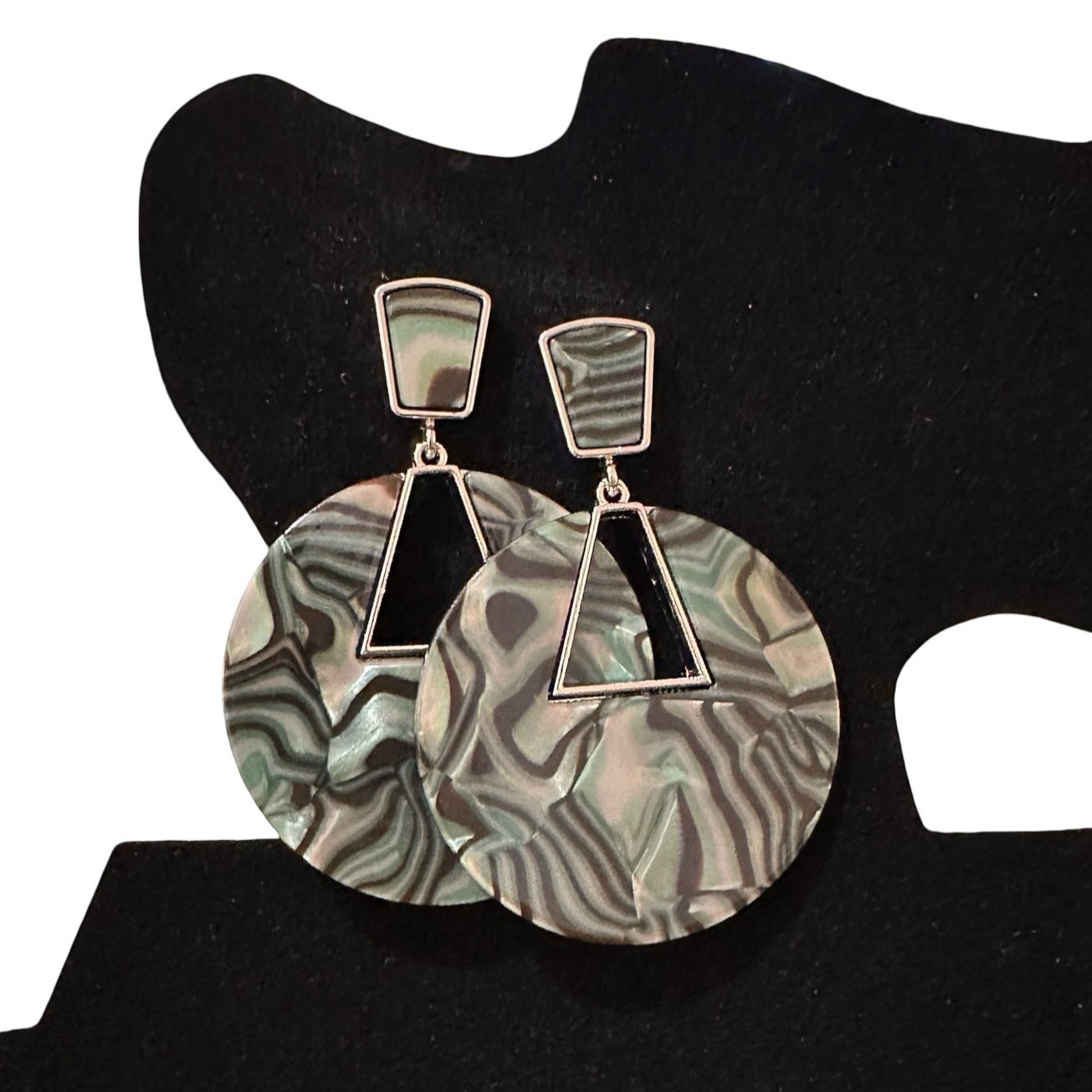 Geometric Statement Earrings Marbled Acrylic Discs Silver Tone Accent Triangle C