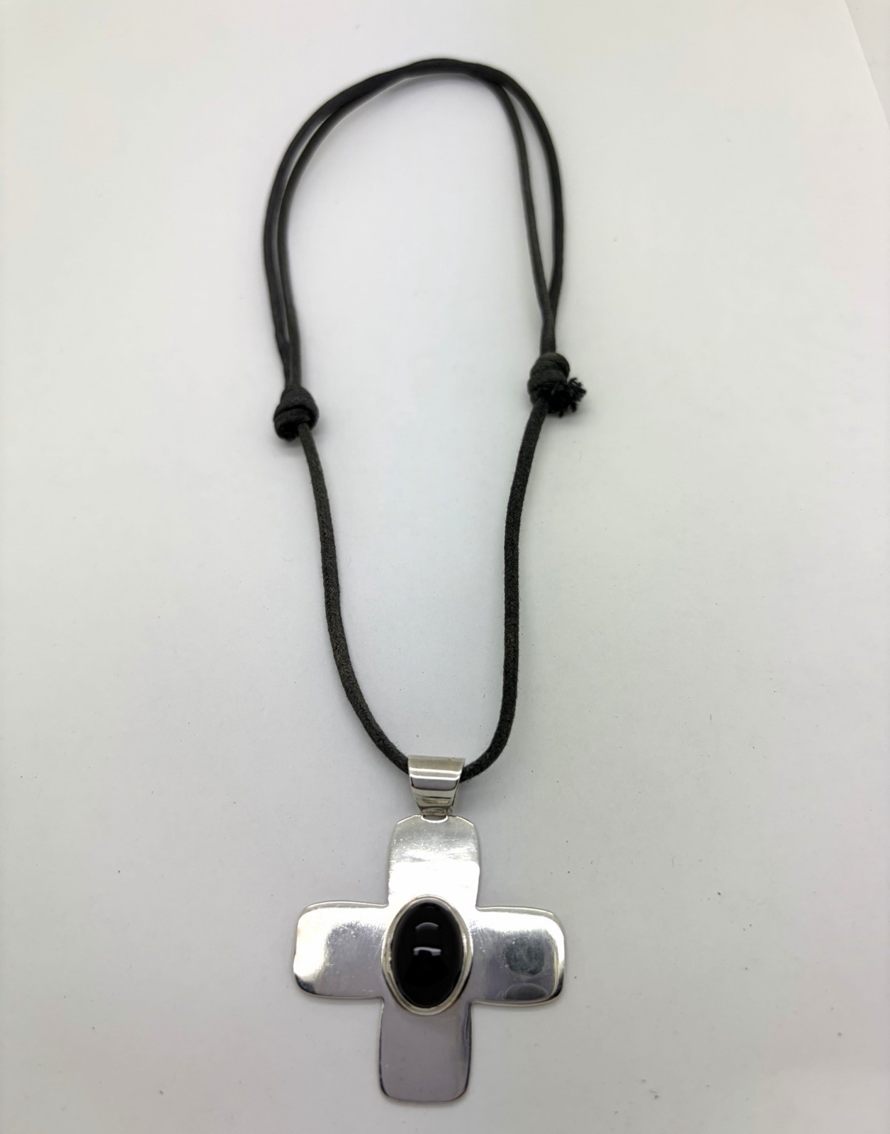 AM Sterling Silver Santa FE 1.5” Cross Pendant Adjustable Blk. Cord Necklace